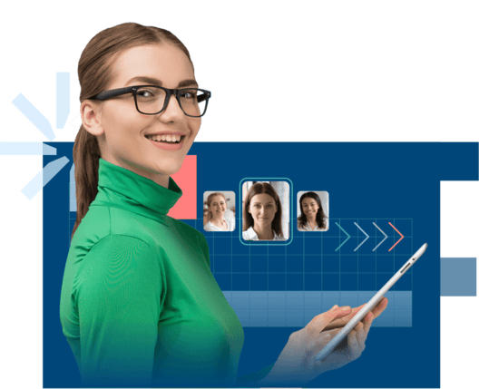 woman with a tablet with a blue background